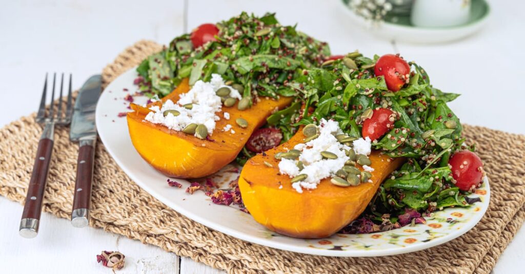 Quinoa salad with roasted vegetables and feta saves chaotic dinners