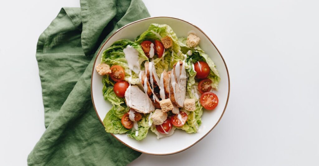 Savoring this perfect Chicken Caesar Salad Lighter Dressing today